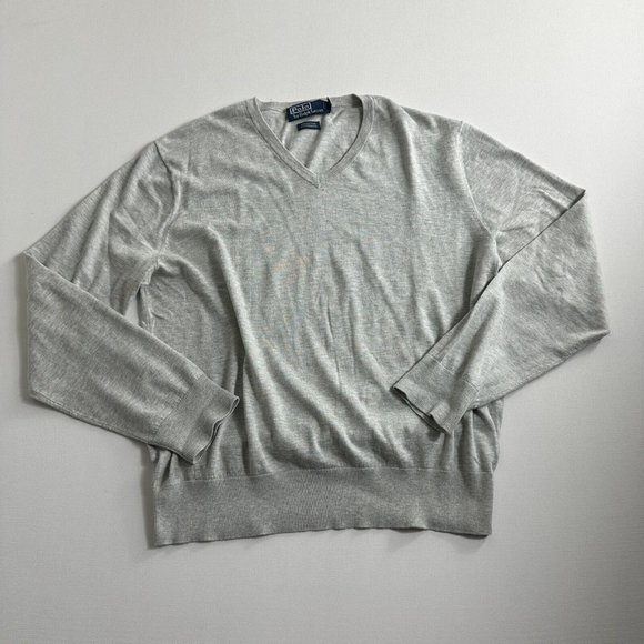 Polo Ralph Lauren Cotton/Cashmere Blend V-Neck Sweater Gray Mens Size LARGE - Picture 1 of 9